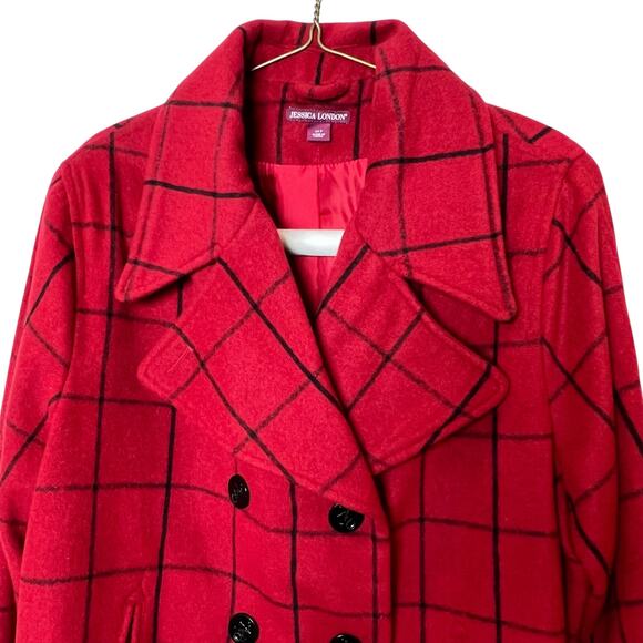 Jessica London Peacoat Women 24 Petite Red Check Wool Blend Double Breasted Coat - Picture 3 of 10